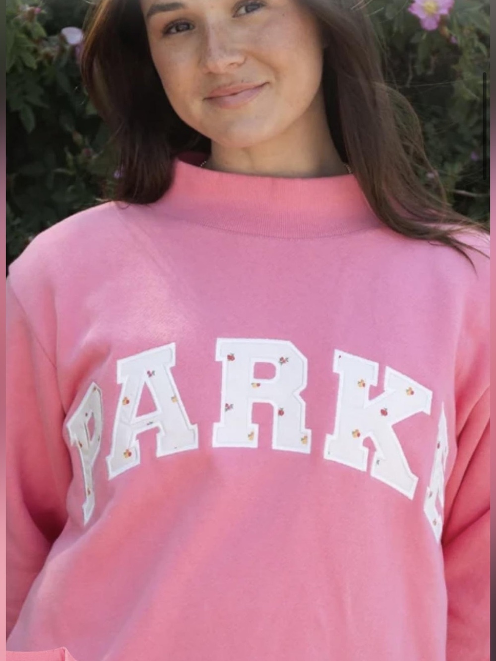 Parke Pink Mock-Neck Sweatshirt with White Appliqué Lettering